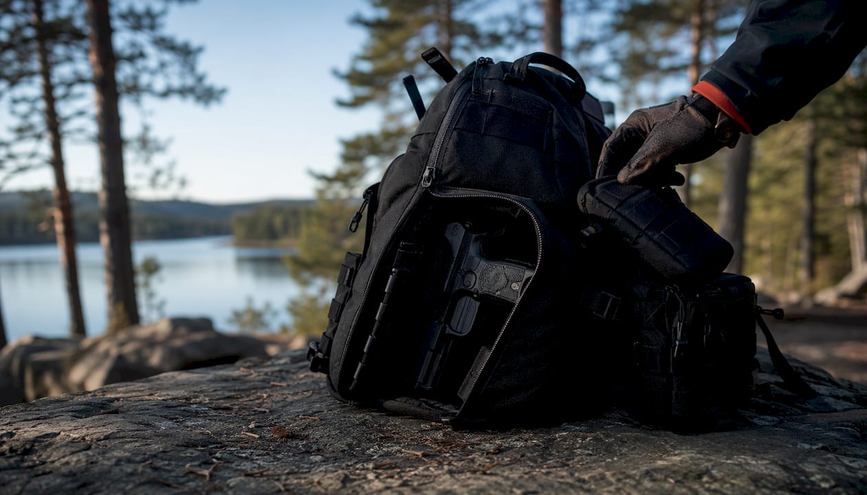 Tactical backpack with open concealed carry compartment