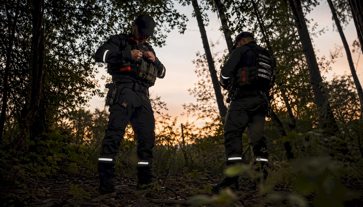 Team walking with matching reflective tactical gear at dusk