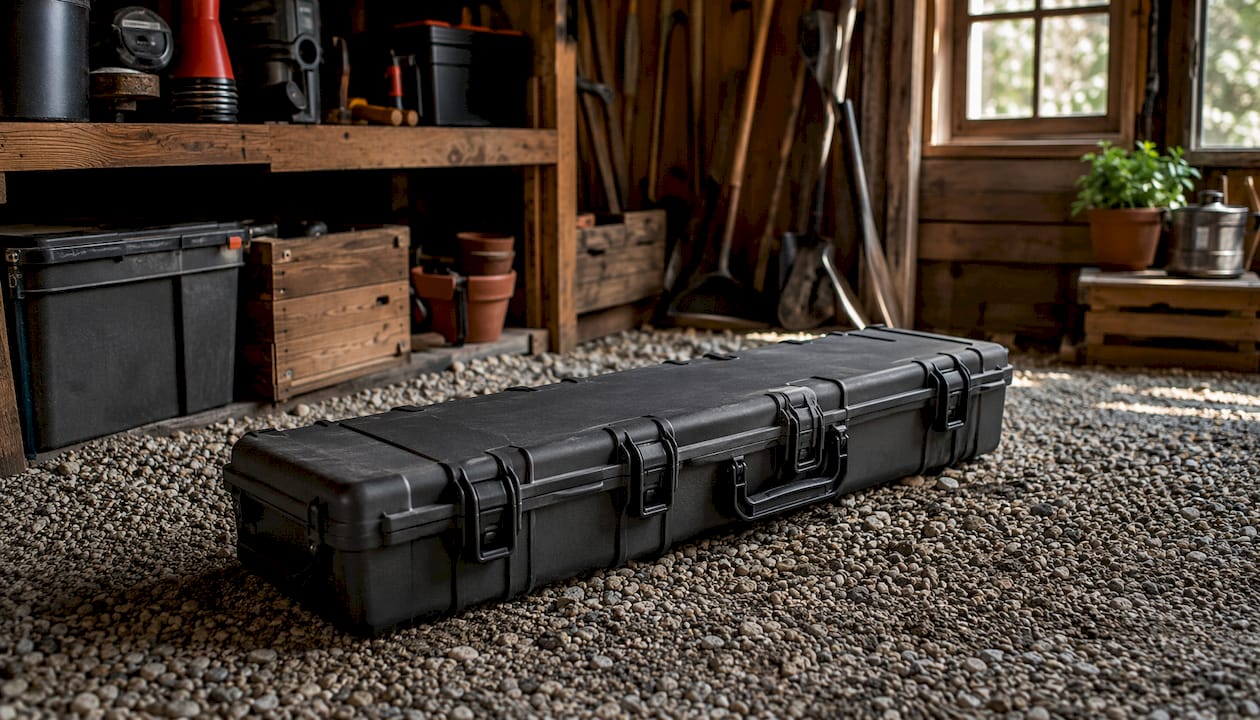 Heavy hard rifle case on pickup truck