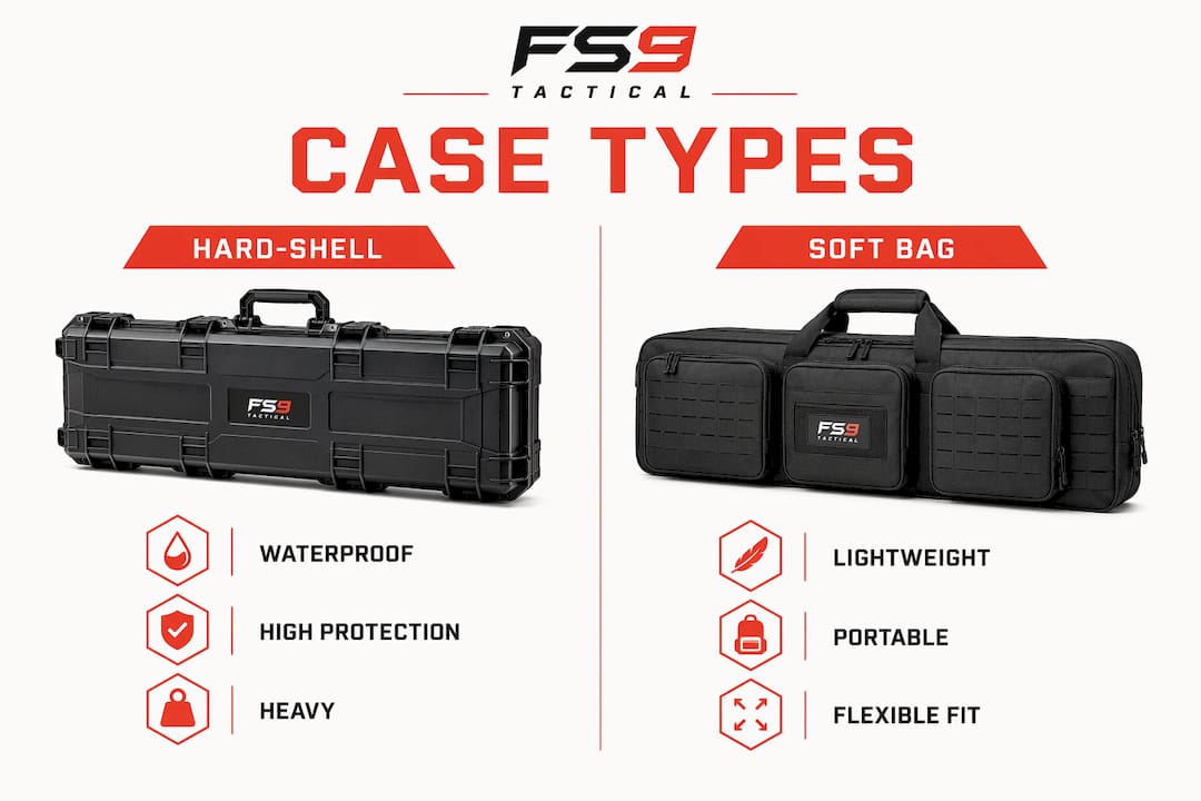 Infographic comparing hard-shell and soft multi-rifle cases