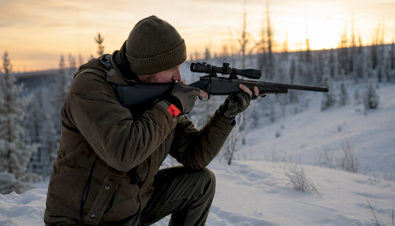 Gloved hands controlling rifle trigger in cold weather