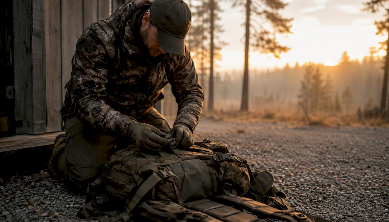 Hands checking modular pack straps pre-hunt