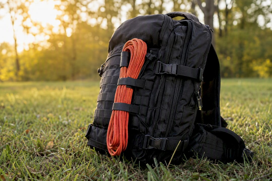 Folding knife clipped on belt near pack saddle