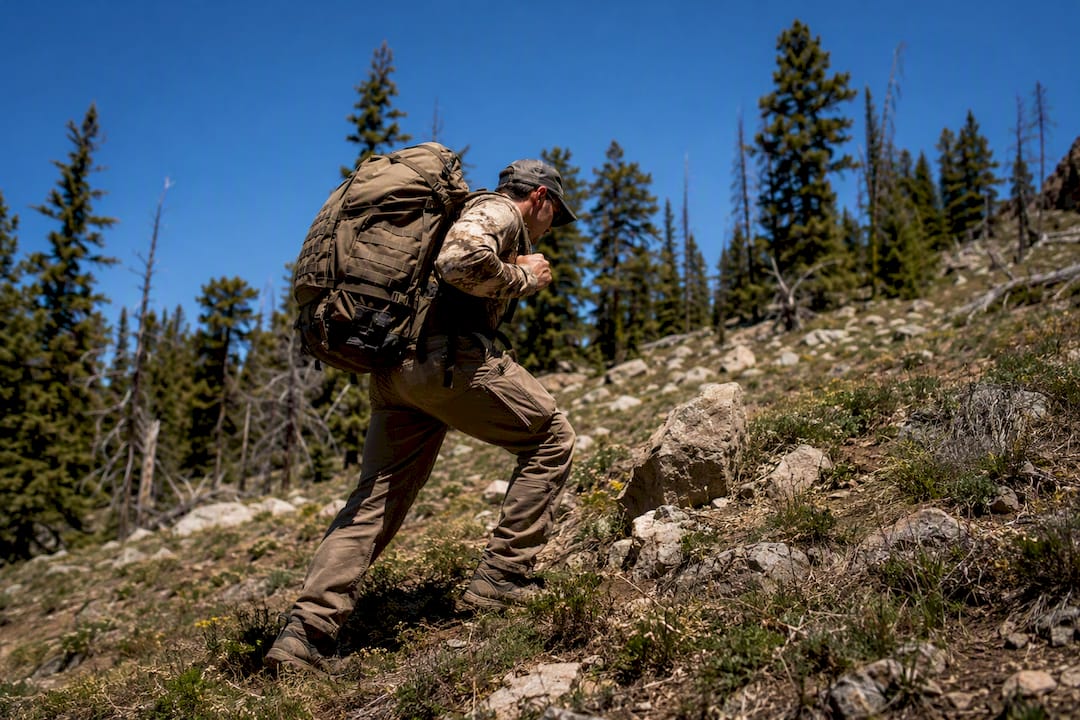 Hunter carrying heavy pack on trail uphill