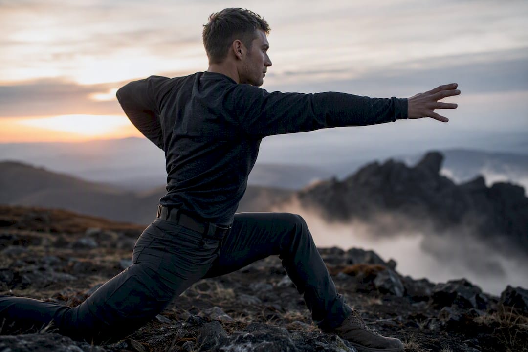 Person doing tactical warm-up stretches outdoors