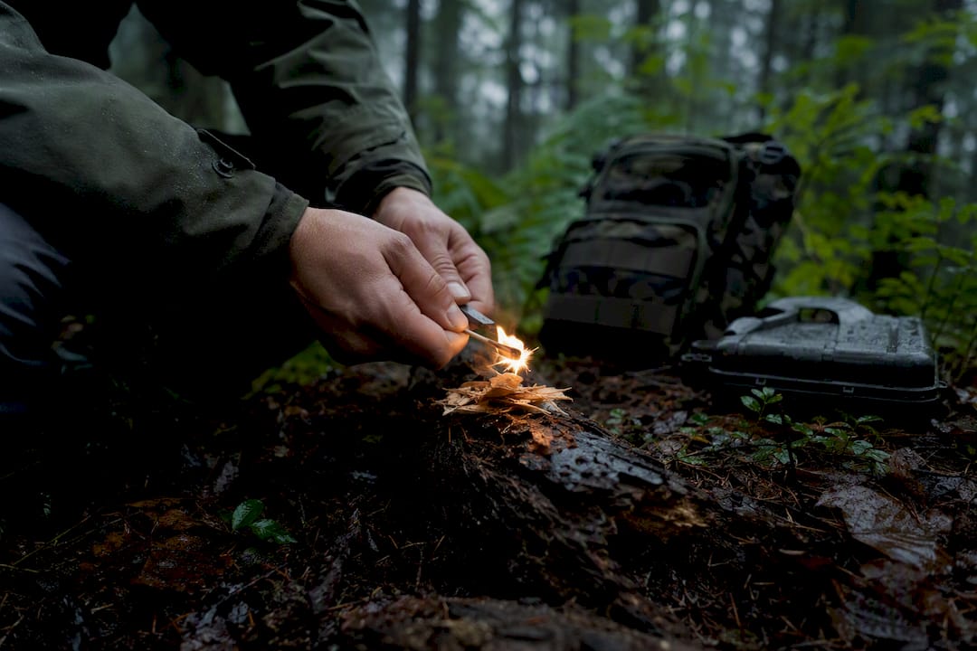 Hands lighting stormproof match in wet conditions