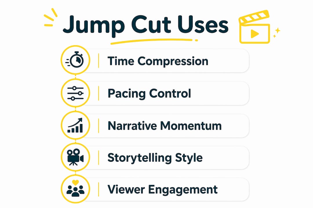 Infographic showing jump cut editing key uses