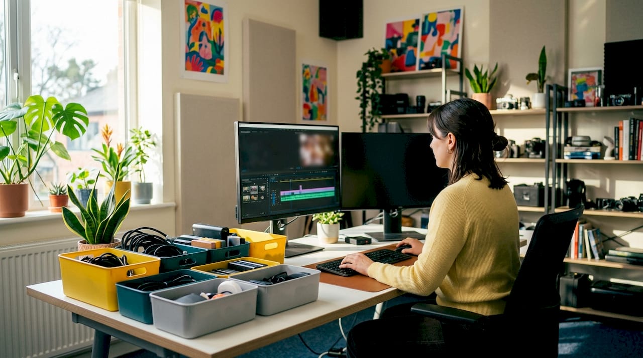 Close-up of color-coded video editing bins on monitor