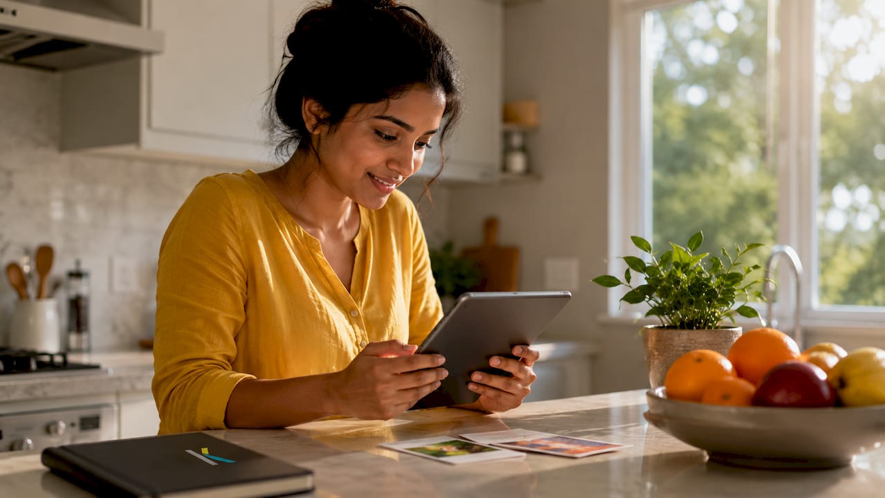 Young woman creating Facebook slideshow on smartphone