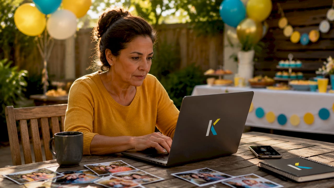 Woman editing birthday video at home