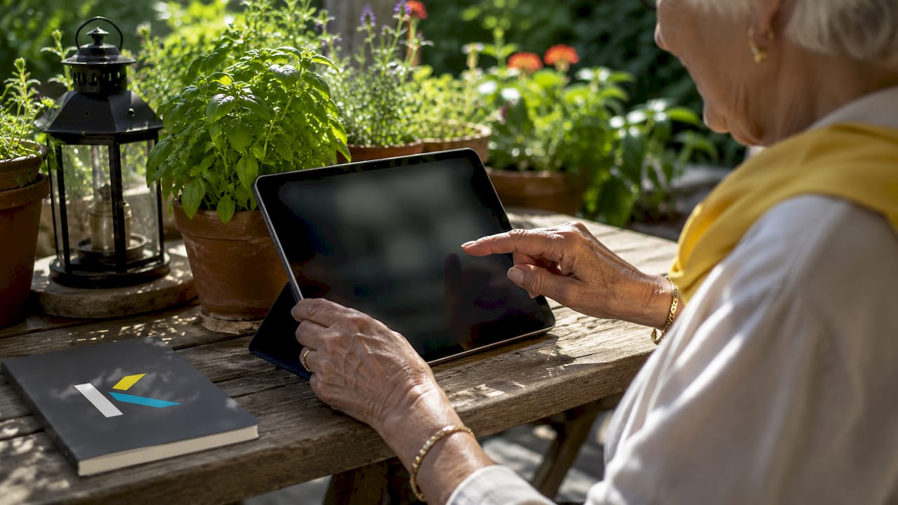 Close-up elderly hands editing videos on tablet