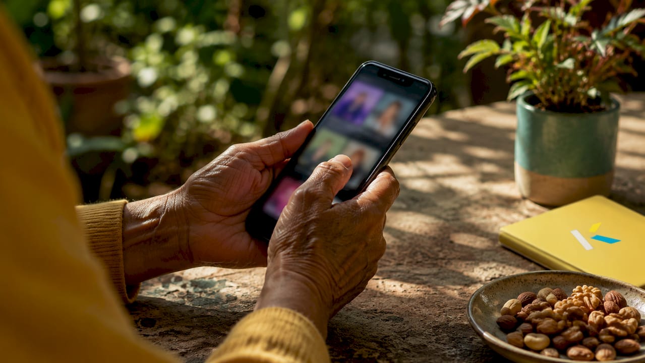 Elderly hands using slideshow music app on smartphone