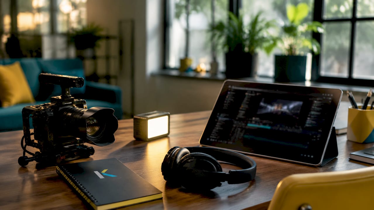 Futuristic video editing and preparation workspace overhead