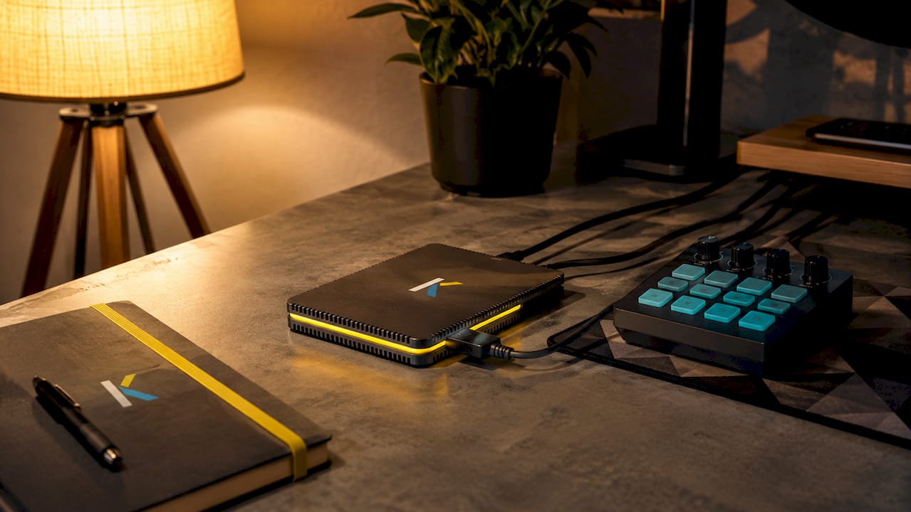 Close-up of futuristic external SSD and hardware hub