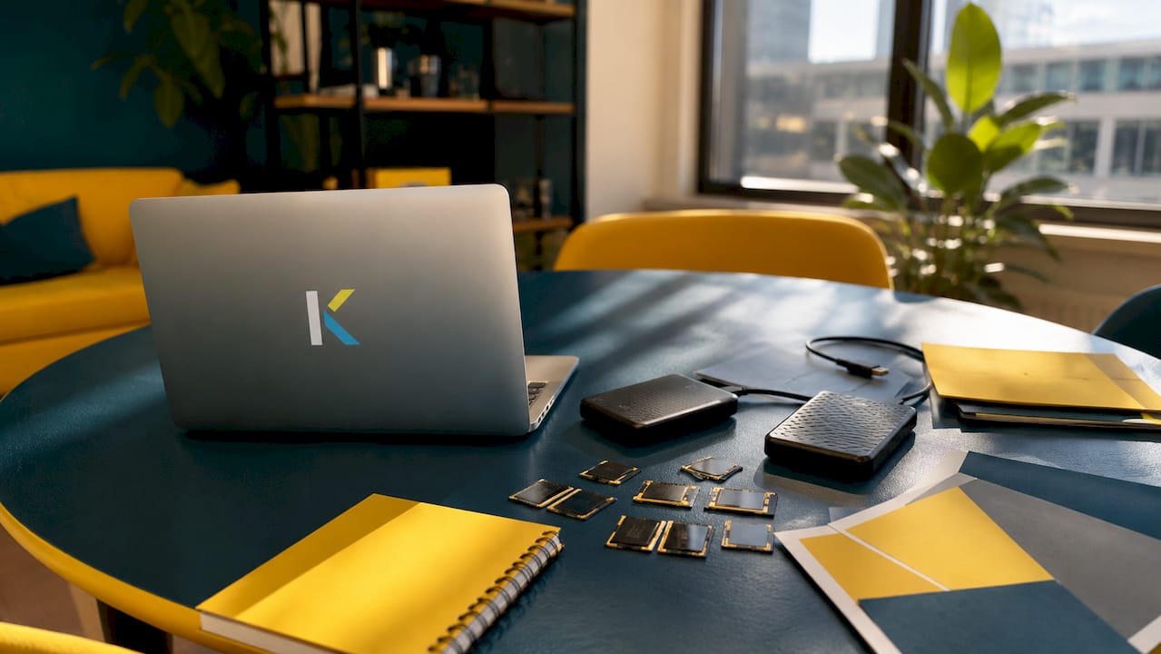 Close-up of video storage devices and tech tools
