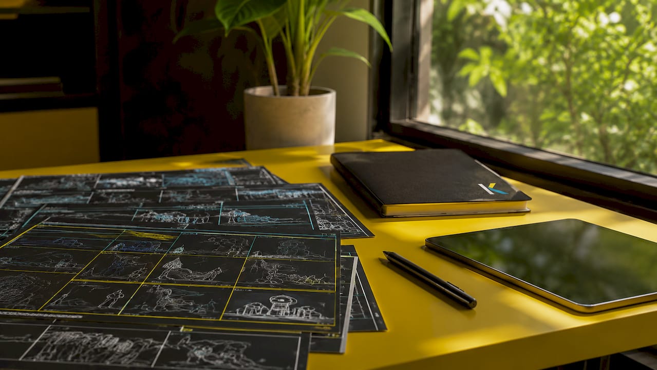 Futuristic storyboard and stylus on desk