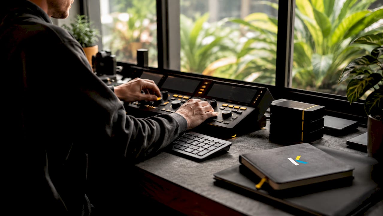 Hands operating futuristic video editing console