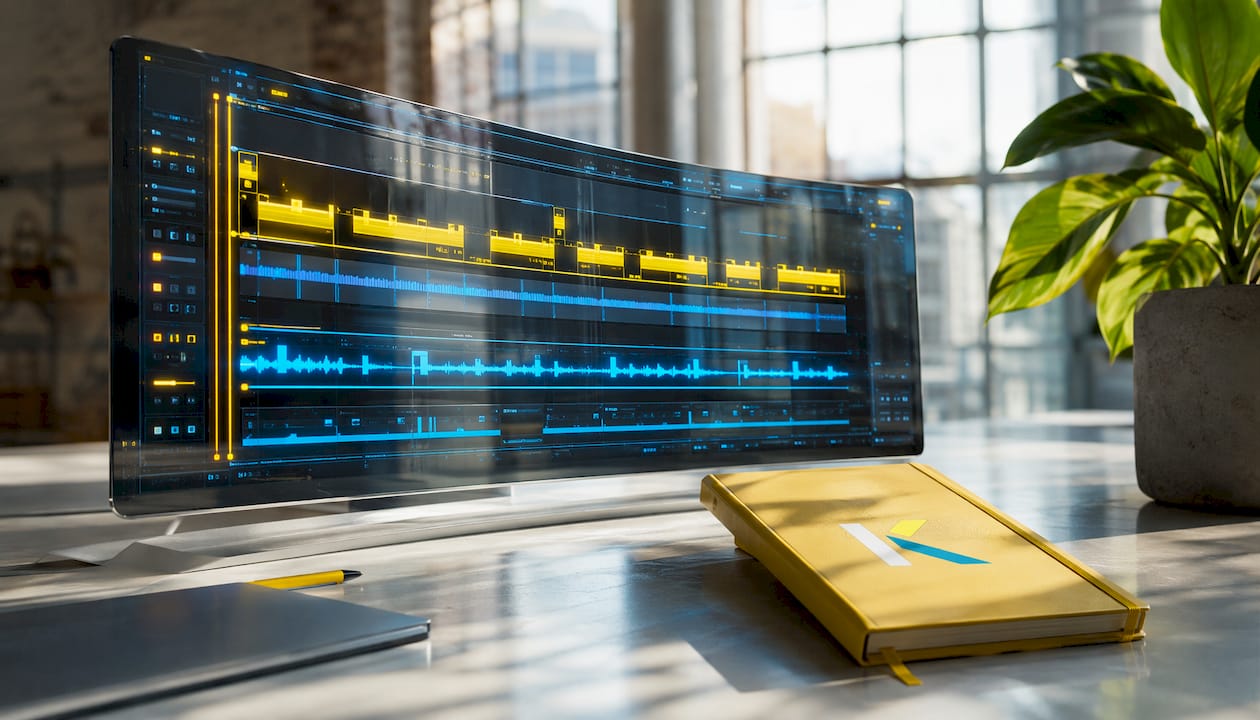Close-up futuristic multi-track video timeline interface
