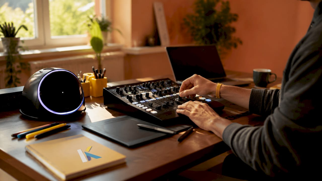Hands operating AI video editing tools overhead