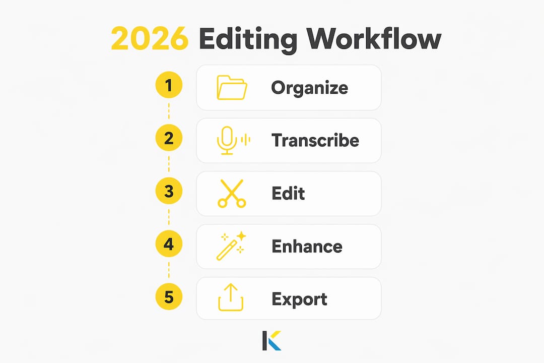 Infographic showing 2026 video editing workflow steps