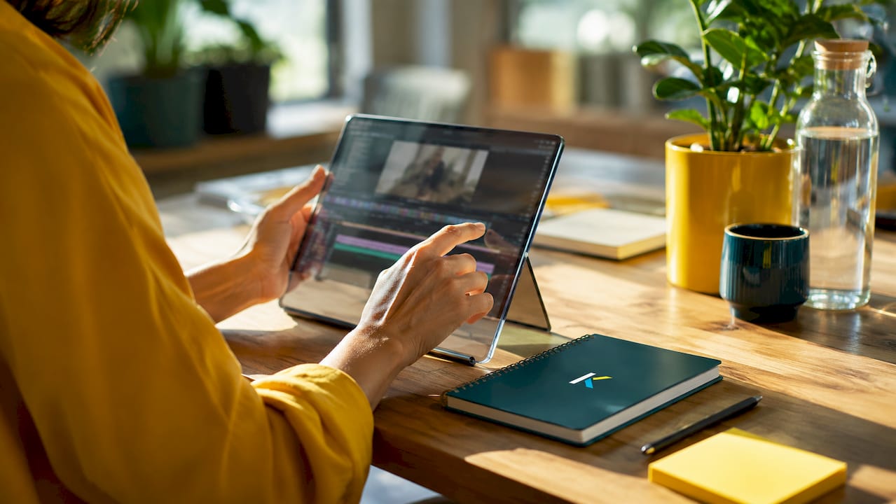 Hands editing anniversary video on futuristic tablet