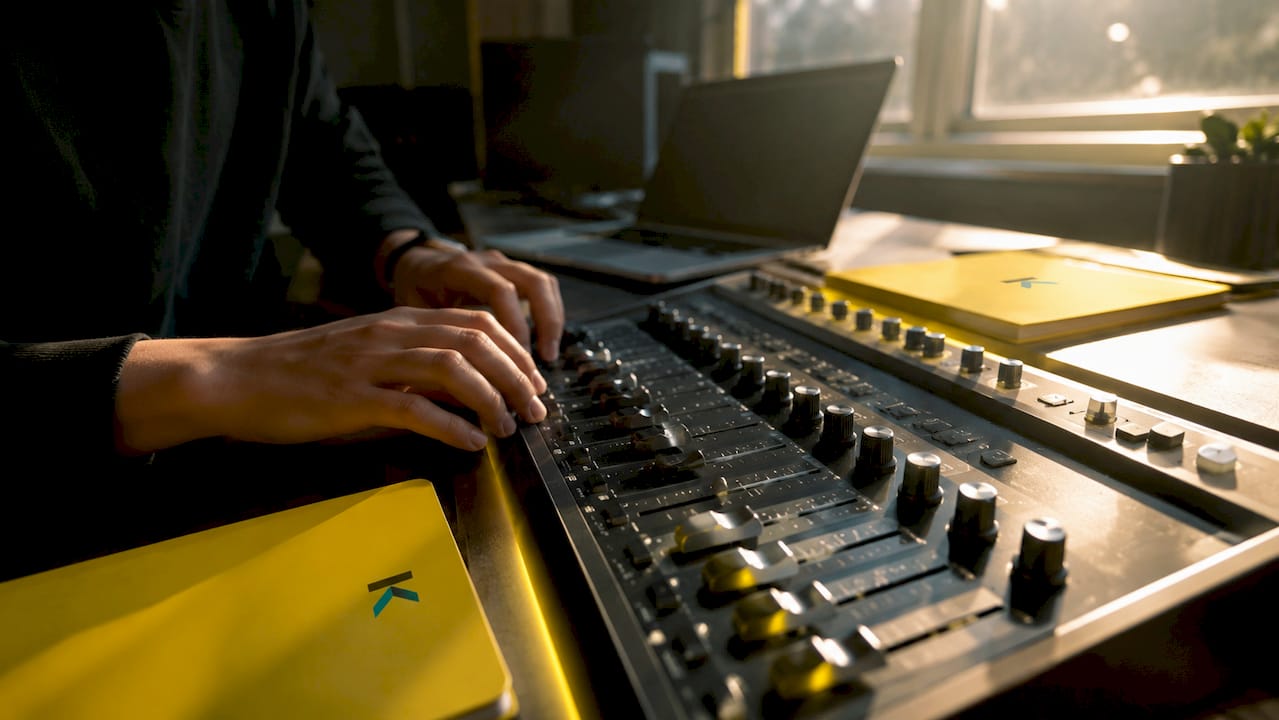 Close-up of futuristic editing console controls