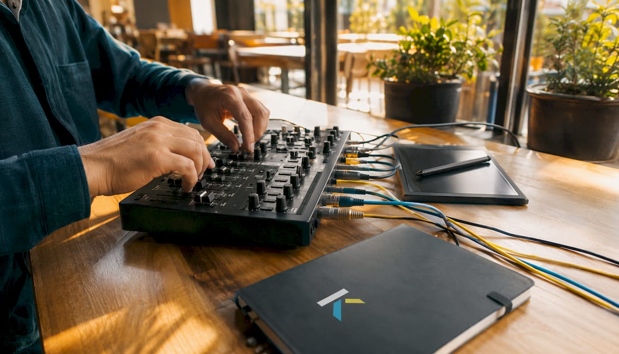 Hands adjusting audio mixer for explainer video
