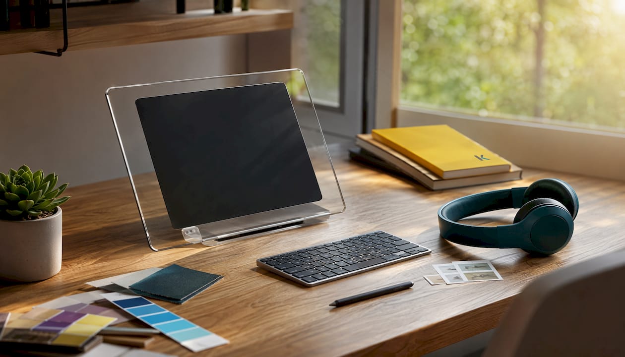 Modern beginner video editing workstation overhead