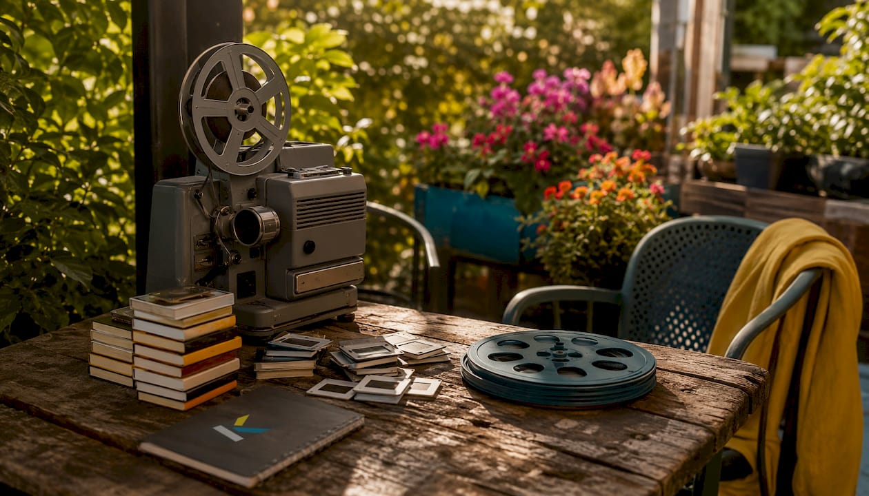 Close-up of vintage slideshow editing setup