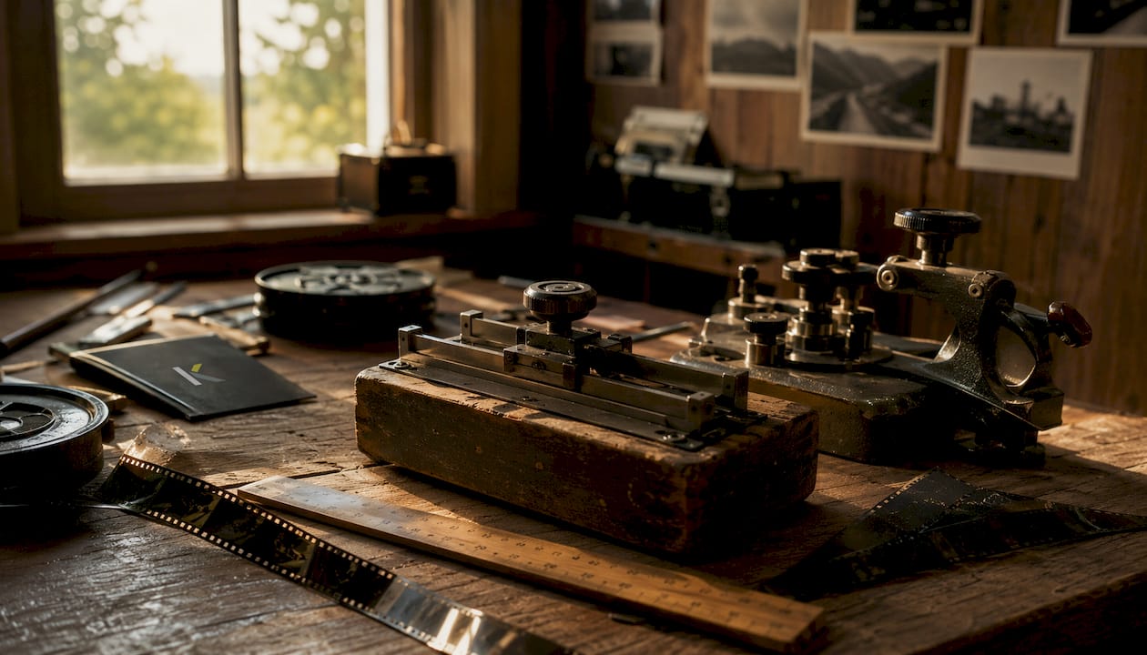 Vintage film editing tools on wooden table