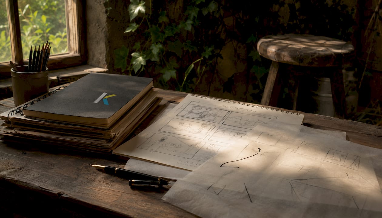 Traditional storyboard tools on wooden table