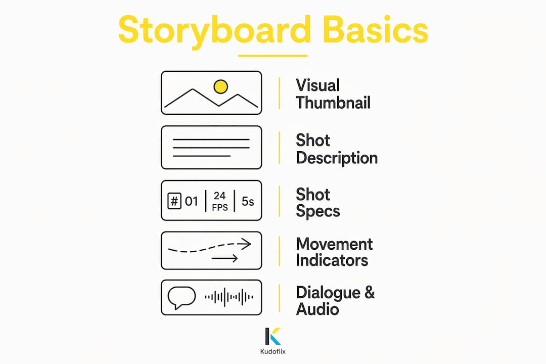 Infographic outlining five storyboard panel elements
