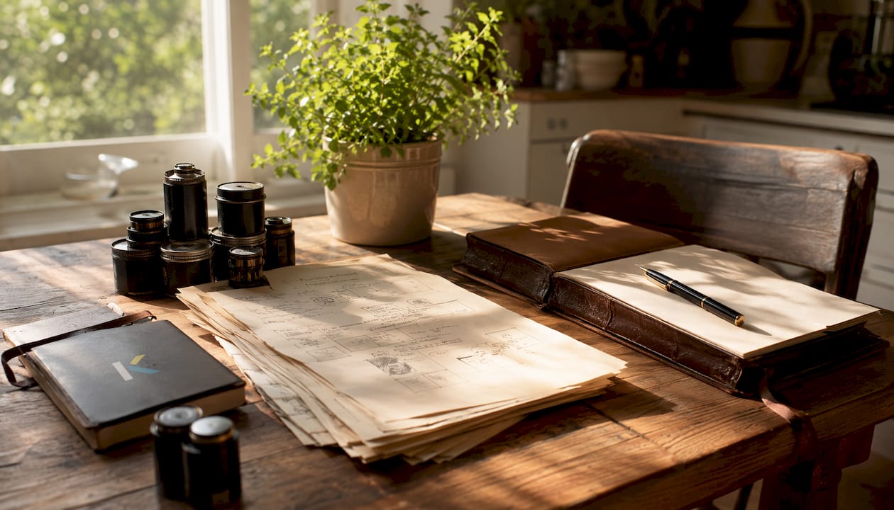 Organized vintage video editing materials on table