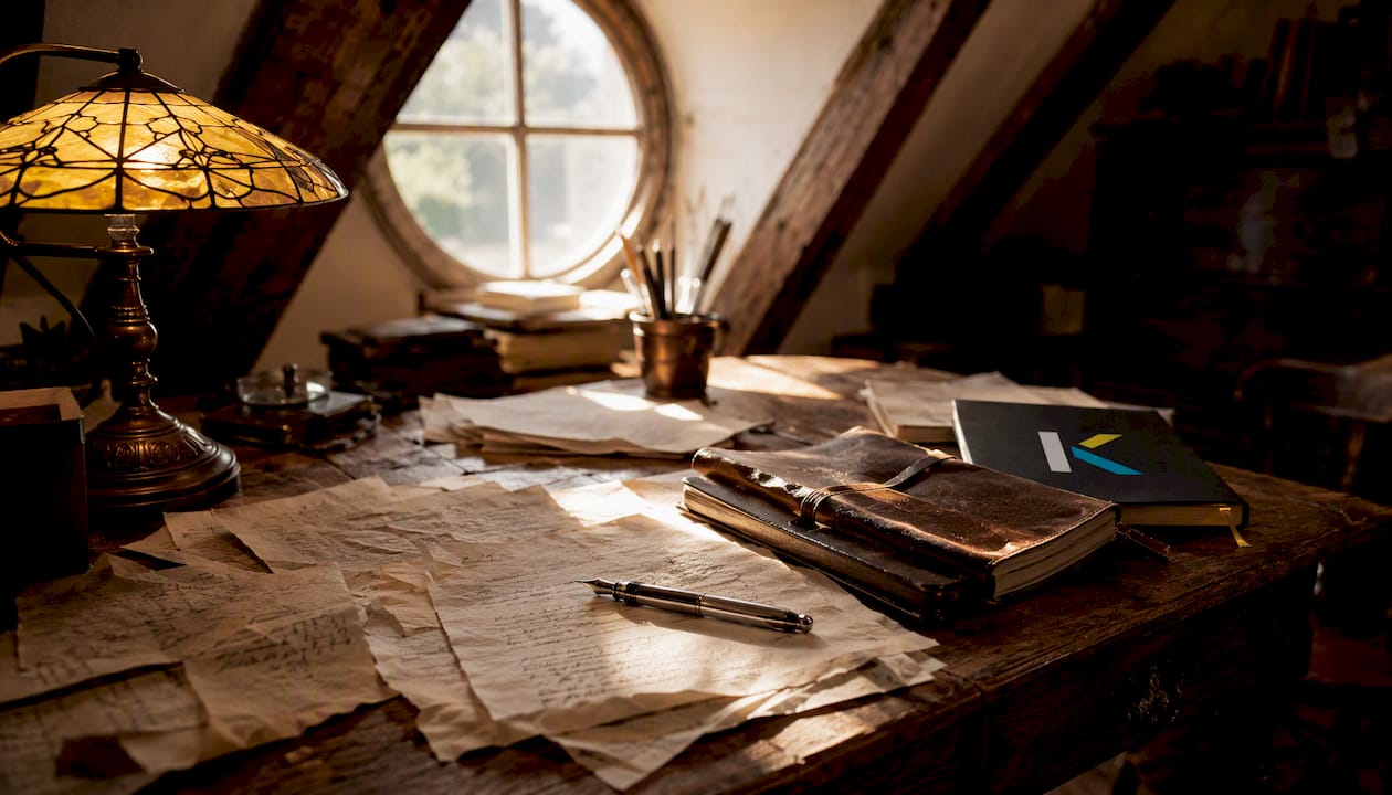 Side view of vintage desk with papers and lamp