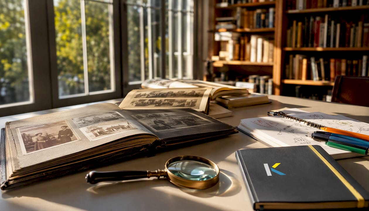 Over-the-shoulder view of archival photo albums