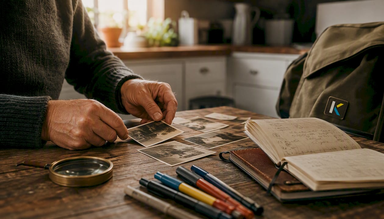 Hands arranging old photos on wooden table