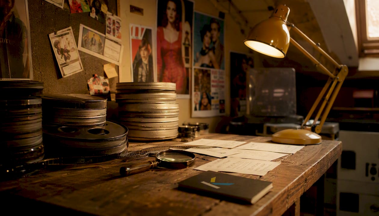 Vintage film editing workspace with tools and notes