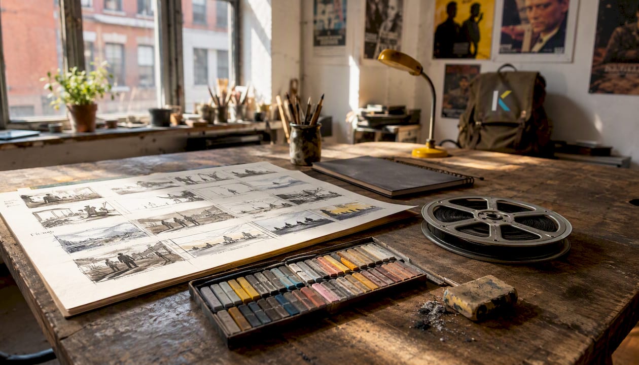 Close-up of vintage storyboard and film reel