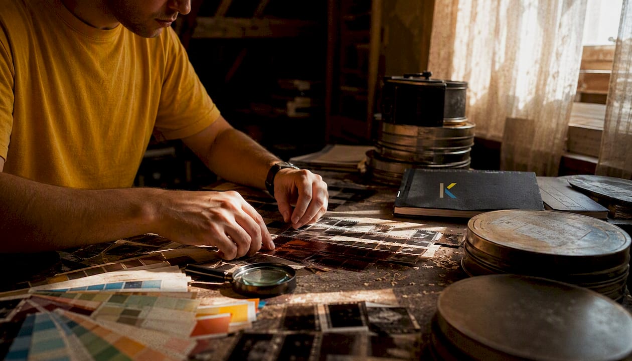 Hands sorting vintage film strips and color swatches
