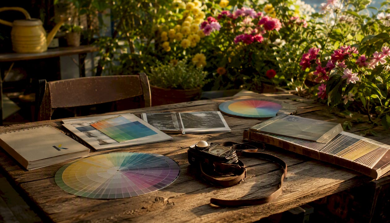 Analog color correction tools on wooden table