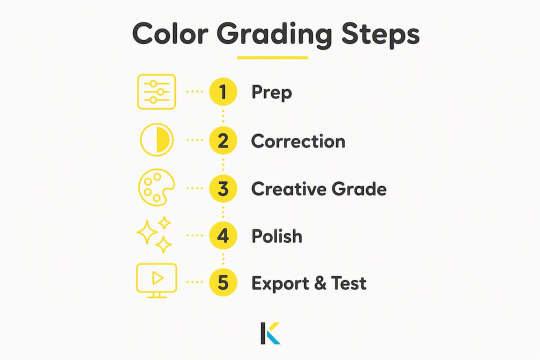 Infographic illustrating five color grading workflow steps