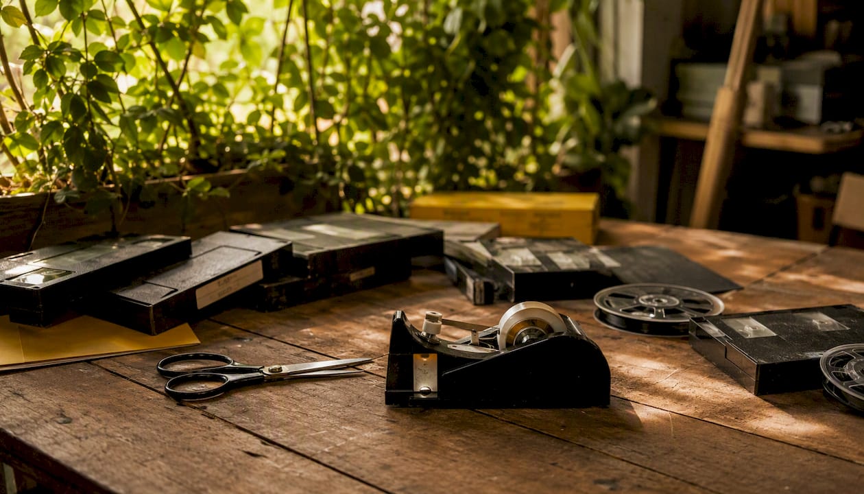 Vintage video tapes with splicing tools on wood table