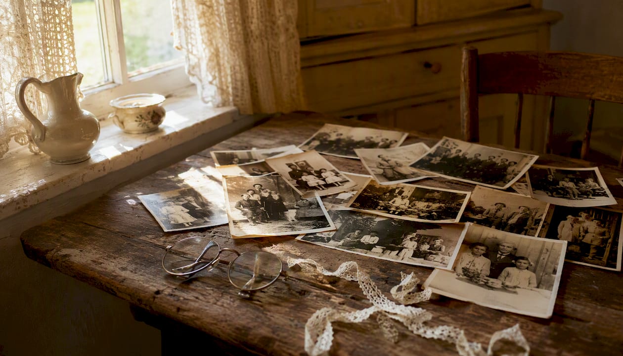 Faded family photos on wooden table