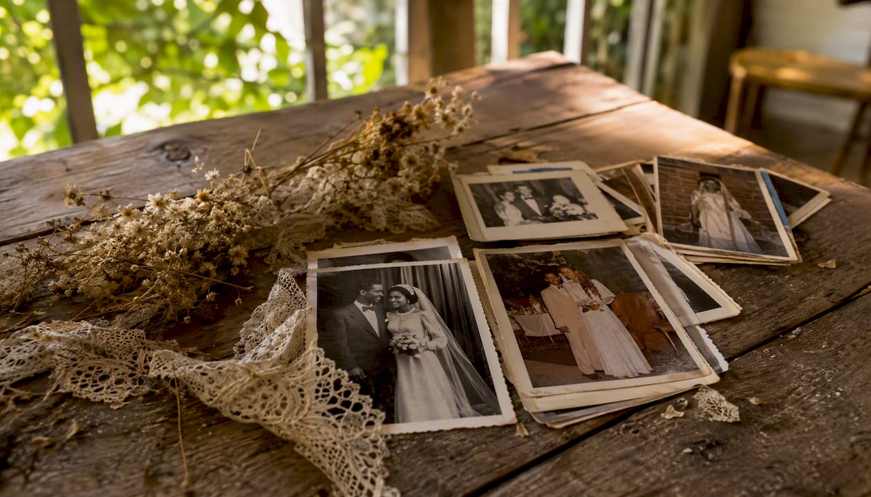 Vintage wedding photos and dried flowers on table