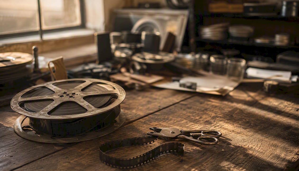 Vintage film reel and editing tools