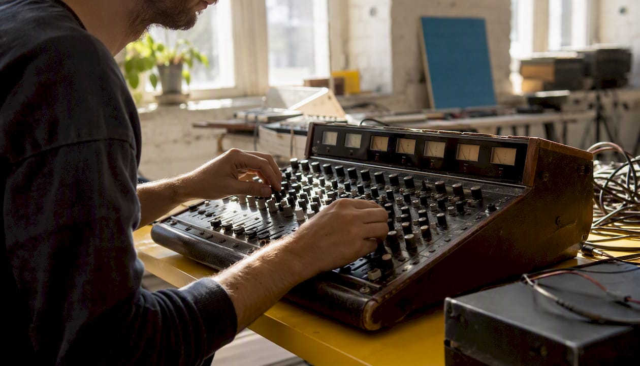 Hands adjusting analog audio mixer knobs