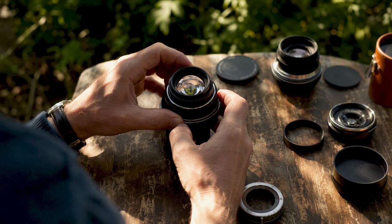 Hands adjusting vintage camera lens parts