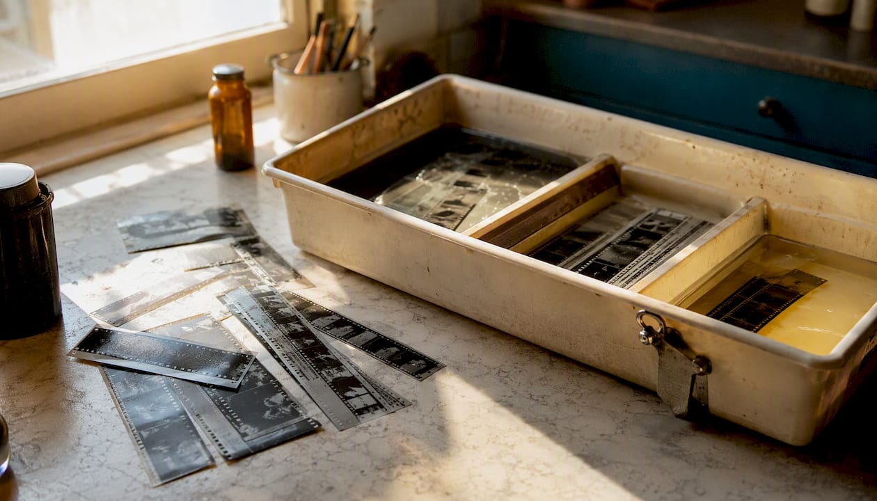 Vintage photo negatives on wooden table