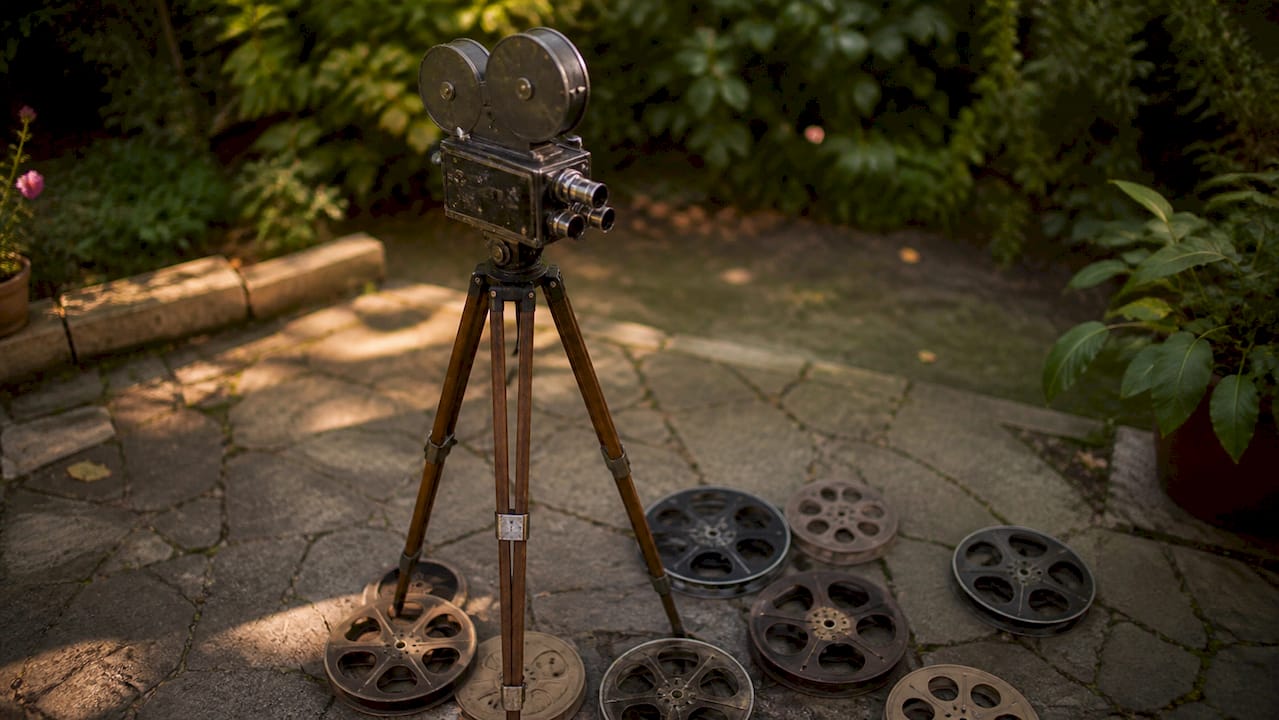 Vintage film camera on tripod in sunlight