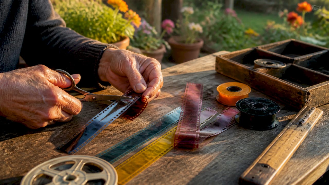 Hands splicing film at child eye level